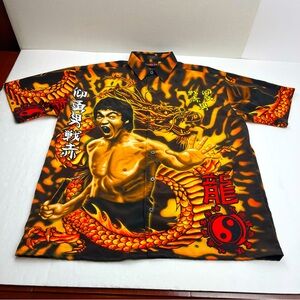 Bruce Lee Short Sleeve Button Front Shirt Size Large Made In Korea Red Black